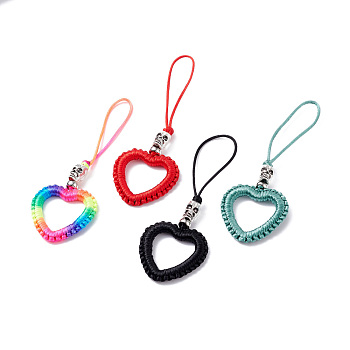 Heart Braided Nylon Cord Mobile Accessories, Phone Hanging Pendant Decor, with Alloy Skull Beads, European Brass Beads & Iron Findings, Mixed Color, 11cm, 4pcs/set