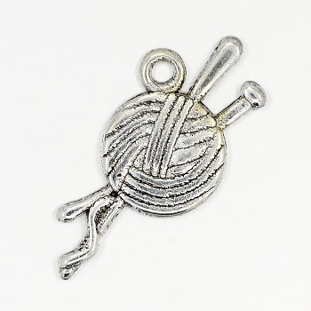 Tibetan Style Clew with Crochet Hook Pendants, Lead Free and Cadmium Free, Antique Silver, about 26mm long, 11mm wide, 1.5mm thick, hole:2mm