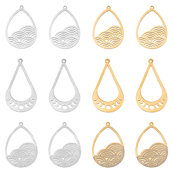 DICOSMETIC 12Pcs 3 Style 201 Stainless Steel Pendants, Laser Cut, Teardrop, Golden & Stainless Steel Color, 30~39x21~22x1mm, Hole: 1.4~1.5mm, 4pcs/style