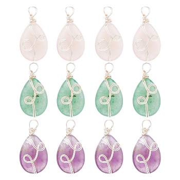 4 Sets 3 Styles Natural Mixed Stone Pendants, Natural Rose Quartz & Amethyst & Green Aventurine, Teardrop Charm, with Silver Tone Eco-Friendly Copper Wire Wrapped, 25.5x13x6.7mm, Hole: 3.4mm, 1pc/style