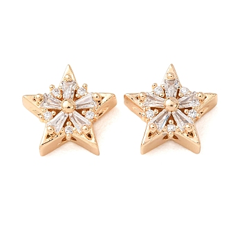 Brass Micro Pave Cubic Zirconia Beads, Hollow Star, Real 18K Gold Plated, Clear, 12x12x6mm, Hole: 1.4mm