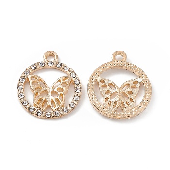 Alloy Crystal Rhinestone Pendants, Ring with Butterfly Charms, Light Gold, 20x17x2.5mm, Hole: 2mm