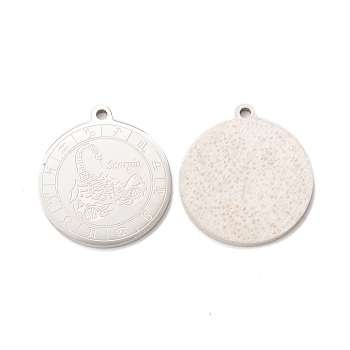 304 Stainless Steel Pendants, Flat Round with Constellations Charm, Stainless Steel Color, Scorpio, 28x25x1.5mm, Hole: 2mm