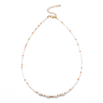 Beaded Necklaces, with Brass Beads, Glass Beads, Natural Pearl Beads and 304 Stainless Steel Lobster Claw Clasps, Golden, Light Salmon, 17.91 inch(45.5cm)