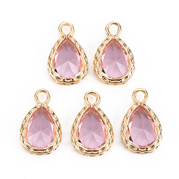 Glass Pendants, with Brass Findings, Faceted, Teardrop, Light Gold, Pink, 15x9x4.5mm, Hole: 1.8~2mm
