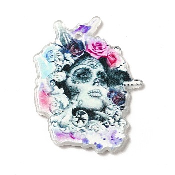 Halloween  Acrylic Pendants, Skullgirls with Flower Charms, Hot Pink, 36x28.5x2.5mm, Hole: 2mm
