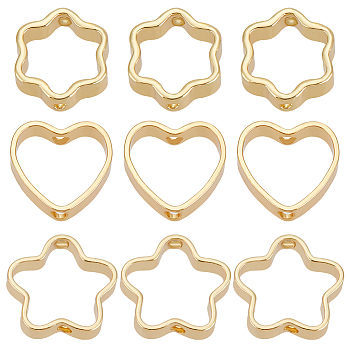60Pcs 3 Styles Rack Plating Alloy Bead Frames, Mixed Shapes, Real 18K Gold Plated, 8.5~10x9.5~10x2~3mm, 20pcs/style