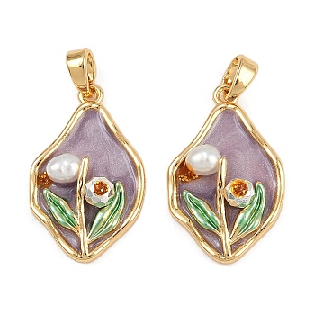 Brass Enamel Pendants, with Natural Pearl, Real 18K Gold Plated, Nuggets with Flower Charm, Medium Purple, 22x14x5.5mm, Hole: 5x3mm