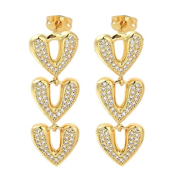 Rack Plating Heart Brass Micro Pave Clear Cubic Zirconia Dangle Stud Earrings, Long-Lasting Plated, Cadmium Free & Lead Free, Real 18K Gold Plated, 35x12mm