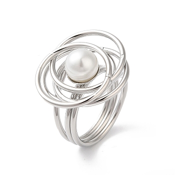 304 Stainless Steel Flower Finger Ring for Women, with ABS Plastic Imitation Pearls, Stainless Steel Color, Inner Diameter: 18mm