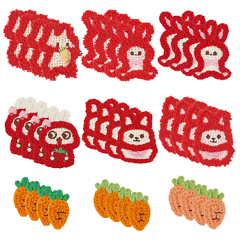 36Pcs 9 Styles Easter Rabbit & Carrot Yarn Knitted Appliques, Polyester Computerized Embroidery Cloth Sew on Ornament Accessories, Mixed Color, 28~61x15~42x3~3.5mm, 4pcs/style