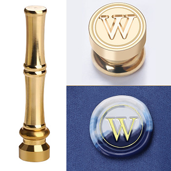 Golden Tone Brass Wax Seal Stamp Head with Bamboo Stick Shaped Handle, for Greeting Card Making, Letter W, 74.5x15mm