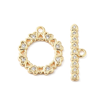 Brass Pave Clear Cubic Zirconia Toggle Clasps, Heart, Real 18K Gold Plated, Ring: 16x14x1.5mm, Hole: 1.4mm, Bar: 18.5x5x1.5mm, Hole: 1.4mm