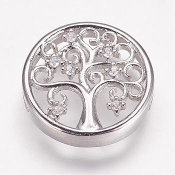 Brass Micro Pave Cubic Zirconia Slide Charms, Flat Round with Tree, Platinum, 15.5x4mm, Hole: 1.5x6mm