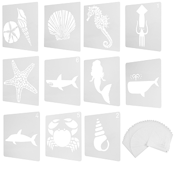 Plastic Drawing Painting Stencils Templates, for DIY Scrapbooking Painting Drawing Craft, Marine Organism Theme, White, 130.5x131x0.2mm, 6sheets/set, 1set/bag