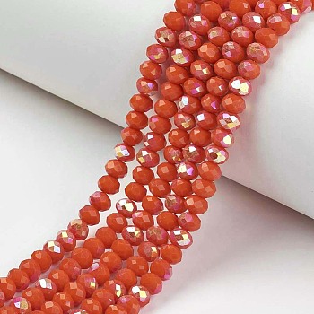 Electroplate Opaque Solid Color Glass Beads Strands, Half Rainbow Plated, Faceted, Rondelle, Orange Red, 2.5x1.5mm, Hole: 0.4mm, about 195pcs/strand, 11 inch(27.5cm)