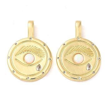 Rack Plating Brass Cubic Zirconia Pendants, with Synthetic Opal, Flat Round, Real 18K Gold Plated, 25x18x4mm, Hole: 5x2mm