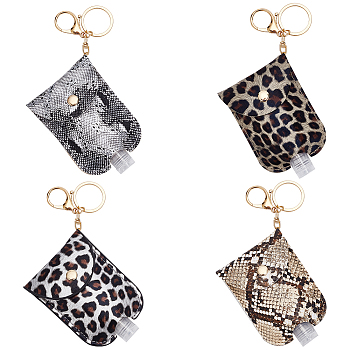 WADORN 4Pcs 4 Styles Leopard Print & Snakeskin Pattern Plastic Hand Sanitizer Bottle with PU Leather Cover, Portable Travel Squeeze Bottle Keychain Holder, Mixed Color, 15.5cm, Capacity: 30ml(1.01fl. oz), 1pc/style