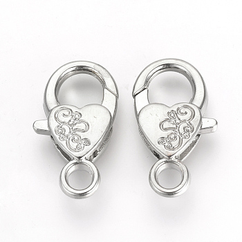 Alloy Lobster Claw Clasps, Heart, Platinum, 26.5x15x6.5mm, Hole: 4mm