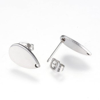 Non-Tarnish 304 Stainless Steel Stud Earring Findings, with Loop and Flat Plate, Teardrop, Stainless Steel Color, 14x8mm, Hole: 1mm, pin: 0.8mm