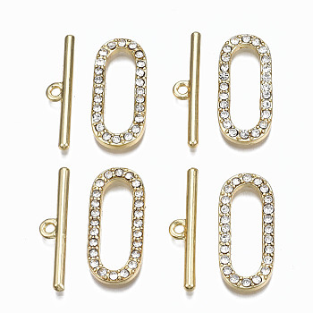 Alloy Rhinestone Toggle Clasps, Cadmium Free & Nickel Free & Lead Free, Oval, Real 16K Gold Plated, Oval: 28x12.5x2.5mm, Hole: 22x6.5mm, Bar: 29.5x6x2mm, Hole: 2mm