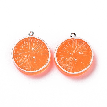 Flat Round Resin Fruit Pendants, Orange Charms, with Platinum Tone Iron Loops, Dark Orange, 30x26.5x5.5mm, Hole: 2mm