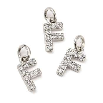 Brass Micro Pave Grade AAA Cubic Zirconia Charms, Letter F, Cadmium Free & Nickel Free & Lead Free, Real Platinum Plated, 9x5x1.5mm, Hole: 2mm