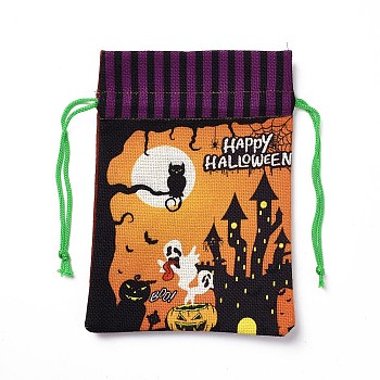 Halloween Cotton Cloth Storage Pouches, Rectangle Drawstring Treat Bags Goody Bags, for Candy Gift Bags, Tower Pattern, 21x14.5x0.4cm