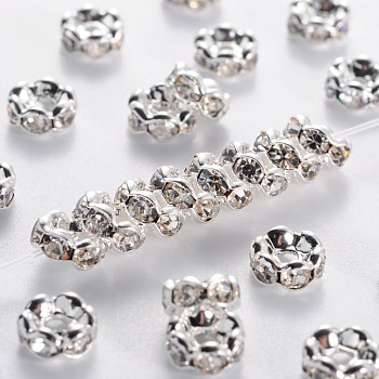 Brass Rhinestone Spacer Beads, Grade AAA, Wavy Edge, Nickel Free, Silver Color Plated, Rondelle, Crystal, 6x3mm, Hole: 1mm