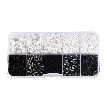 DIY 10 Style ABS & Acrylic Beads Jewelry Making Finding Kit, Heart & Barrel & Round & Flat Round & Imitation Pearl, Black, 7~18.5x7.5x2~10.5x1.5~5mm, Hole: 0.7~1.2mm