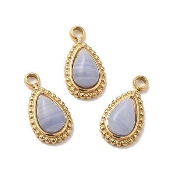 304 Stainless Steel Pave Natural Blue Lace Agate Teardrop Charms, Real 14K Gold Plated, 11.5x6x4mm, Hole: 1.4~1.5mm