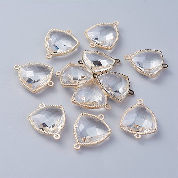 Glass Links connectors, with Eco-Friendly Alloy Open Back Berzel Findings, Faceted, Triangle, Light Gold, Clear, 24x19x7mm, Hole: 1.5mm