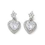 Valentine's Day Brass Micro Pave Clear Cubic Zirconia Charms, Long-Lasting Plated, Heart Charms, Platinum, 15x12x5.5mm, Hole: 3.6x2.5mm(KK-A299-05P)