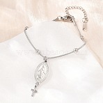 Catholic Rosary Style 304 Stainless Steel Charm Bracelets, Satellite Chains Bracelets for Women, Holy Virgin & Cross, Stainless Steel Color, 7.01 inch(17.8cm)(SA-CBA7739-01P)