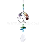 Chakra Natural Mixed Stone Chips Tree of Life Suncatcher, Crystal Glass Teardrop Hanging Prism Ornament for Window & Garden Decor, Colorful, 350mm(HJEW-N005-01)