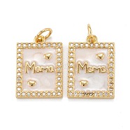 Brass Micro Pave Clear Cubic Zirconia Pendants, with Enamel and Jump Rings, Rectangle with Word Mama, Real 18K Gold Plated, 17.5x12x2mm, Hole: 4mm(ZIRC-A020-17G)