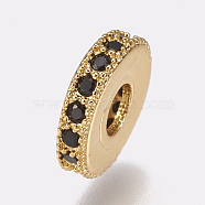 Brass Micro Pave Cubic Zirconia Bead Spacers, Flat Round, Black, Golden, 8x2mm, Hole: 3mm(ZIRC-K074-11A-02G)