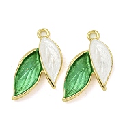 Rack Plating Alloy Enamel Pendants, Lead Free & Cadmium Free, Leaf Charm, Golden, Green, 23.5x13.5x3mm, Hole: 1.8mm(FIND-M033-32G)