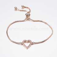 Adjustable Brass Bolo Bracelets, Slider Bracelets, with Cubic Zirconia and Box Chains, Heart, Rose Gold, 10-1/4 inch(260mm)(BJEW-P200-03RG)