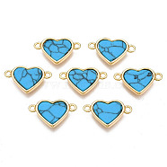Brass Connector Charms, with Synthetic Turquoise, Cadmium Free & Nickel Free & Lead Free, Real 18K Gold Plated, Heart, Deep Sky Blue, 10x17x3mm, Hole: 1.4mm(KK-N233-169B-01C)