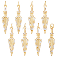 8Pcs Brass Micro Pave Clear Cubic  Zirconia Pendants, with Jump Ring, Arrowhead Charm, Real 18K Gold Plated, 29x7.5x3.5mm, Hole: 3.5mm(KK-BBC0007-36)