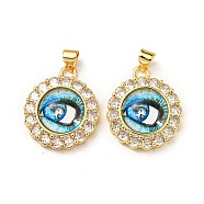 Real 18K Gold Plated Brass Pendants, with Glass and Acrylic, Flat Round with Evil Eye Charms, Light Sky Blue, 23.5x20x7mm, Hole: 4x3.5mm(KK-L209-008G-03)
