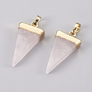 Natural Rose Quartz Pendants, with Brass Findings, Triangle, Golden, 27~29x12~13x4~5mm, Hole: 4x6mm(G-E493-O03-G)