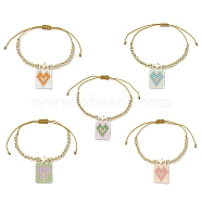 Glass Seed Rectangle with Heart Charm Bracelet, Brass Cross Beaded Adjustable Bracelet for Women, Mixed Color, Inner Diameter: 1-3/8~3-5/8 inch(3.5~9.3cm)(BJEW-MZ00033)