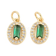 Rack Plating Brass Micro Pave Clear Cubic Zirconia Charms, Long-Lasting Plated, Lead Free & Cadmium Free, Oval Charms, with Jump Ring, Green, Real 18K Gold Plated, 13x8.5x4mm, Hole: 3.5mm(KK-F089-09G)