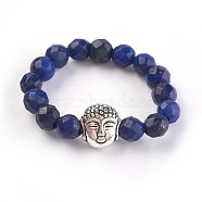 Natural Lapis Lazuli Stretch Rings, with Alloy Buddha Beads, Faceted, Round, Antique Silver, Size 8, 18mm(RJEW-JR00223-08)