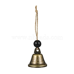 Iron Bell Hanging Ornaments, Wood Round Bead and Jute Cord for Home Door Wall Decoration, Black, 120mm(HJEW-JM02439)