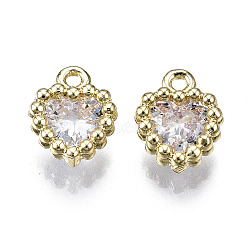 Brass Inlaid Clear Cubic Zirconia Charms, Heart, Golden, 9x7x3mm, Hole: 1mm(ZIRC-S069-048A-G)