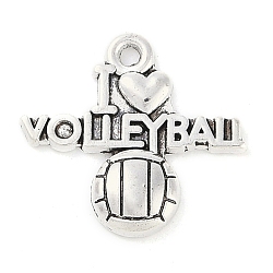 Tibetan Style Alloy Message Pendants, Sports Charms, I Love Volleyball, Cadmium Free & Lead Free, Antique Silver, 19x20.7x3mm, Hole: 2mm, about 333pcs/500g(TIBEP-Q043-099-RS)