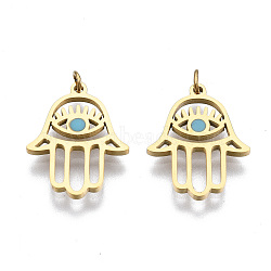 304 Stainless Steel Enamel Charms, with Jump Rings, Hamsa Hand/Hand of Fatima/Hand of Miriam with Eye, Real 14K Gold Plated, Sky Blue, 14.5x11.5x1mm, Jump Ring: 2.7x0.4mm, 1.9mm inner diameter(STAS-S116-372B-G)